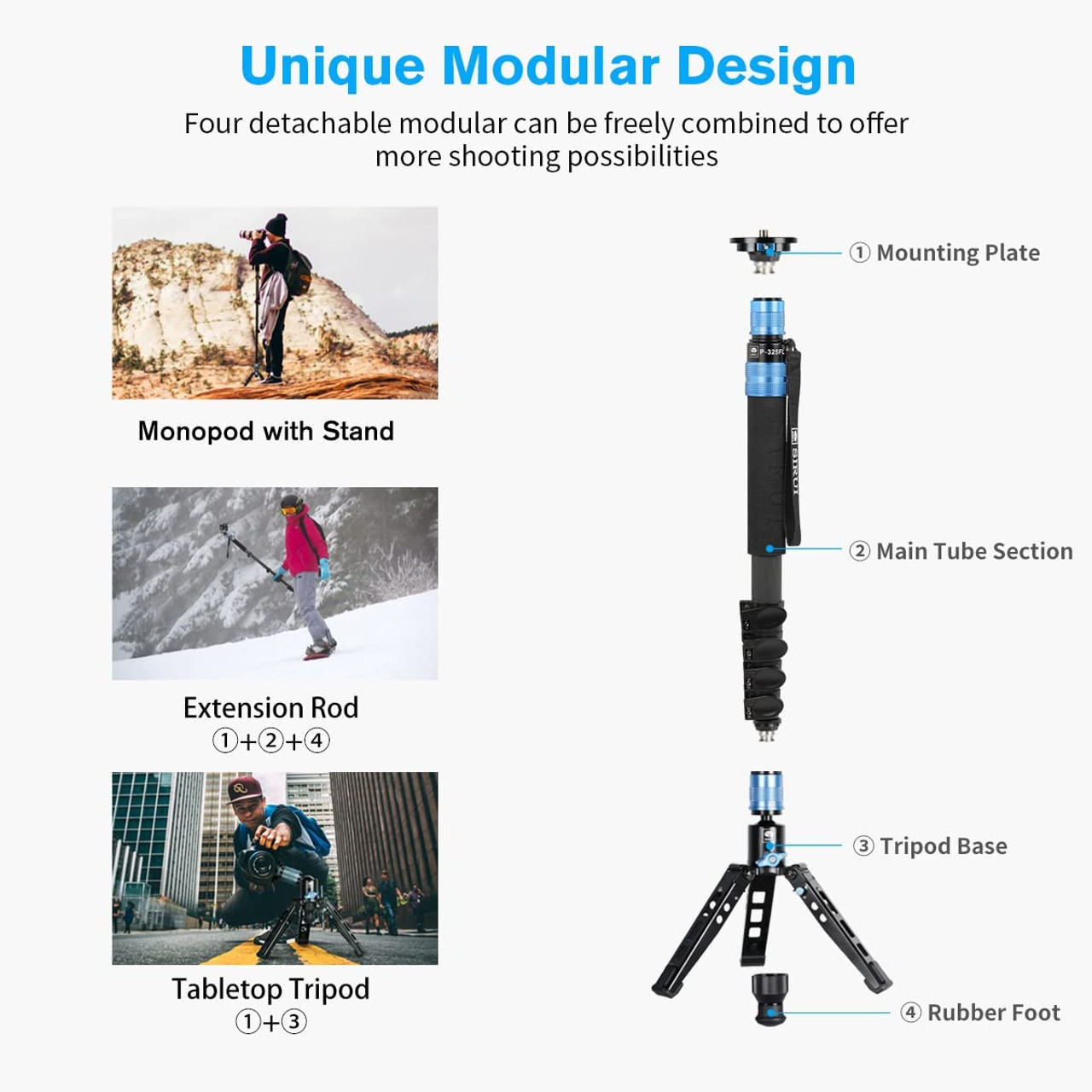 SIRUI P-325FS+VA-5 Carbon Fiber Camera Tripod Monopod Kit With